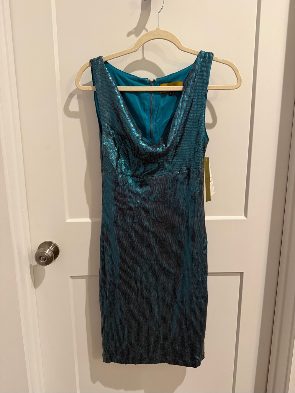 Nicole Miller Teal Blue Sequin Cowl Midi Dress Size 6 NWT